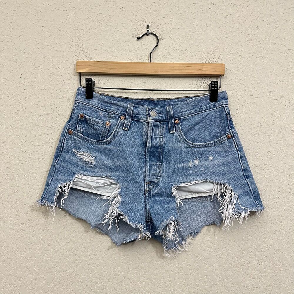 LEVI'S 501 High Waist Button Fly Distressed Jean Shorts in Blue